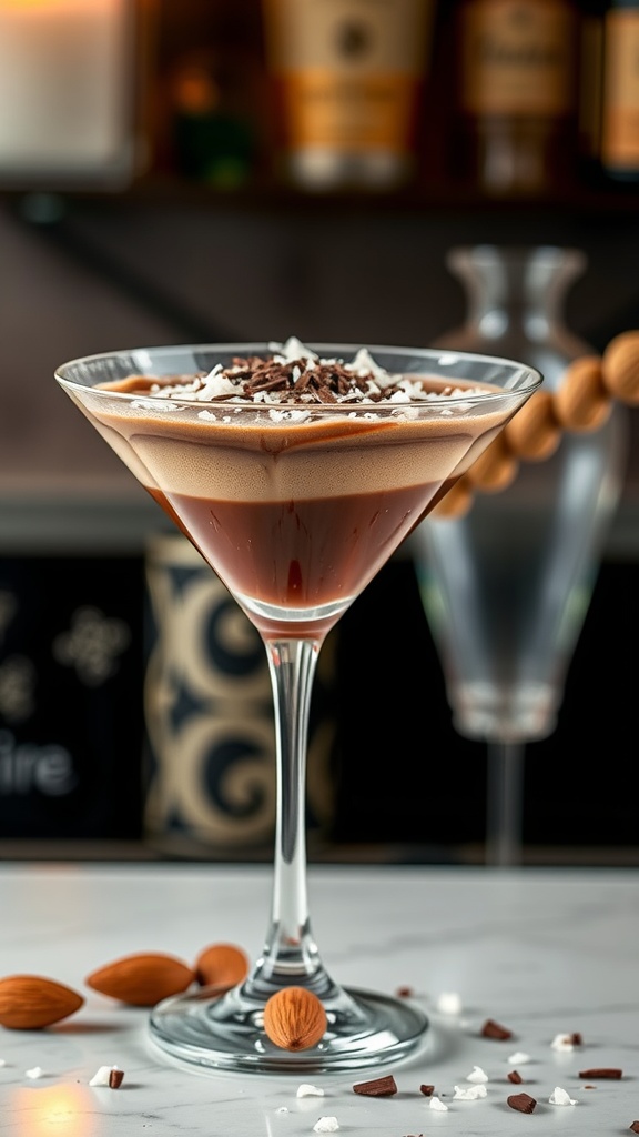 A decadent Almond Joy Tequila Martini in a stylish glass, garnished with chocolate shavings and almonds.